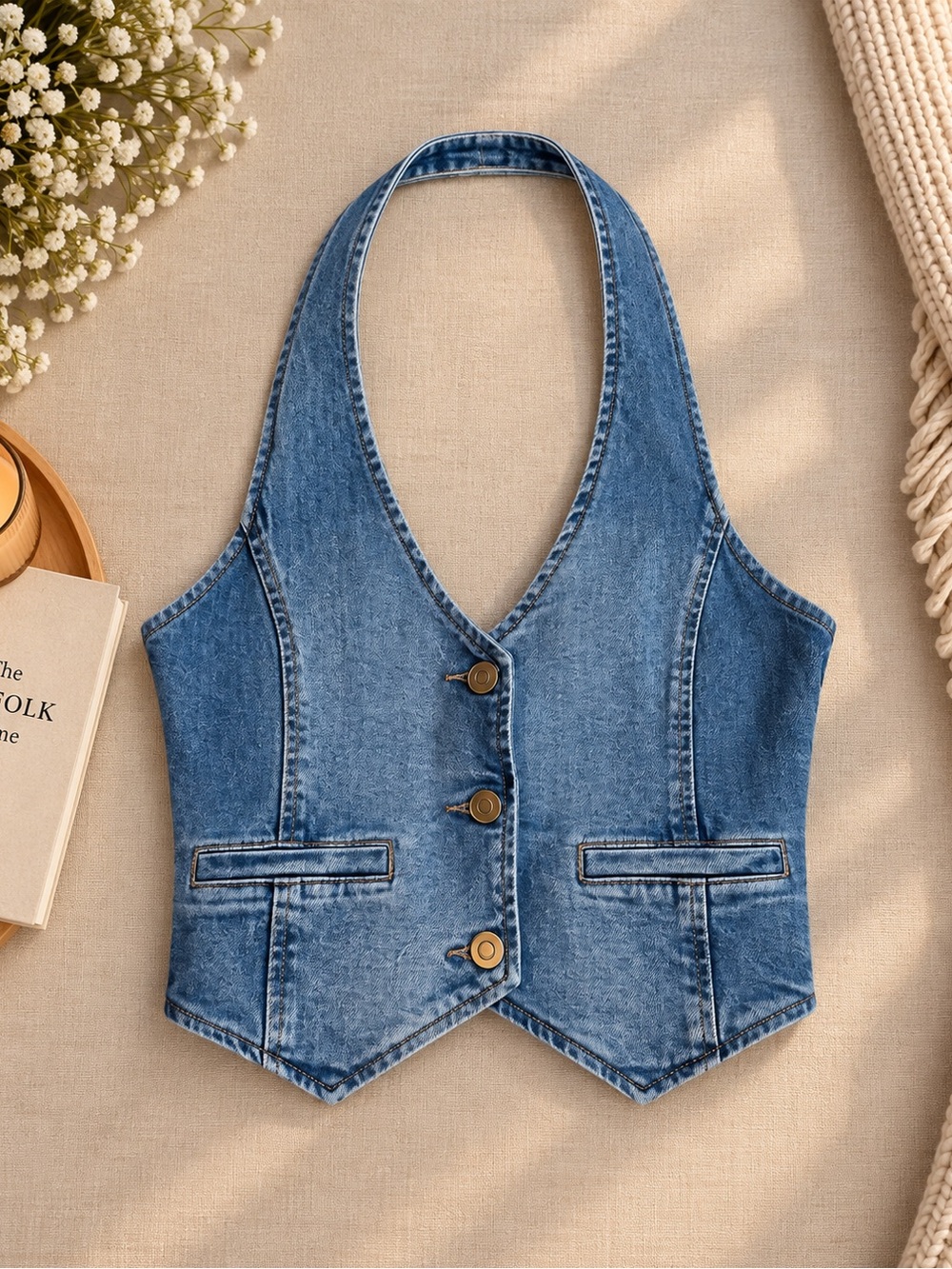 NWT Altar'd State Blue Denim Halter Crop Top